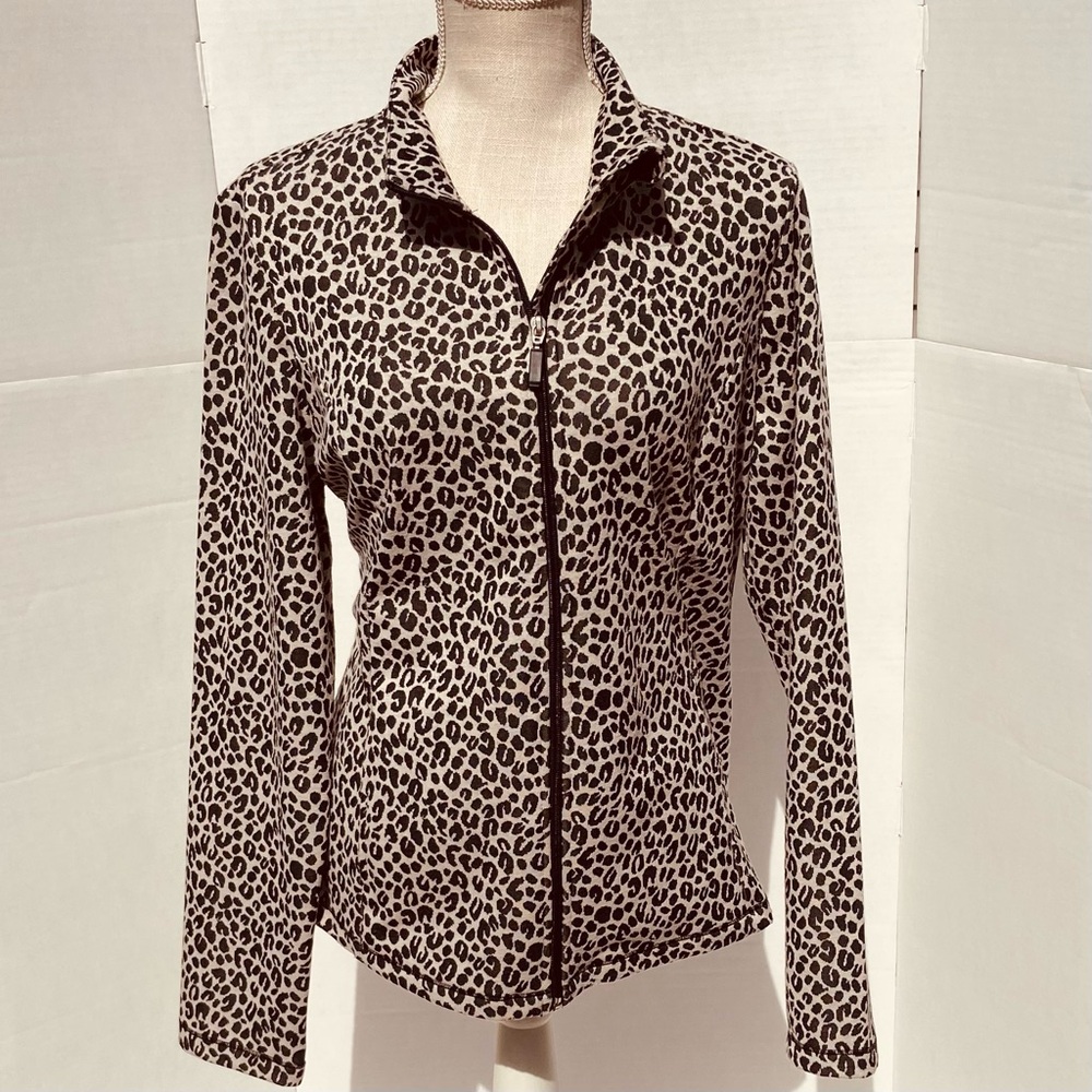 Be Inspired Large Black and Cream Leopard Print Full Zipper Shirt w/ Pockets Lg